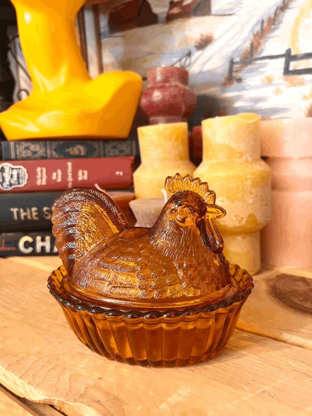 Mosser Glass Amber Rooster on Nest Westmoreland Mold Rosso Exclusive 5" Candy Di